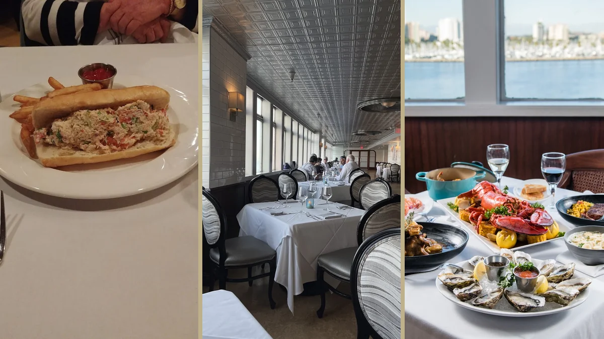 Seafood restaurant interior with subway tiles and tin ceiling.